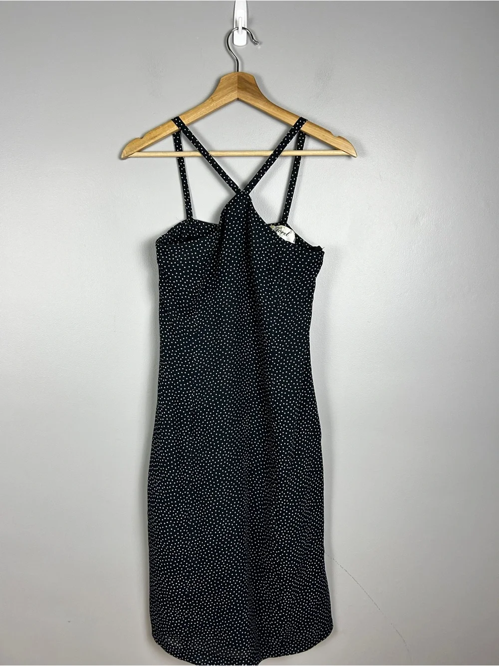 Vintage 90s Navy Blue Micro Polka Dot Midi Dress Small Cocktail Party Chic Paris - Picture 2 of 5